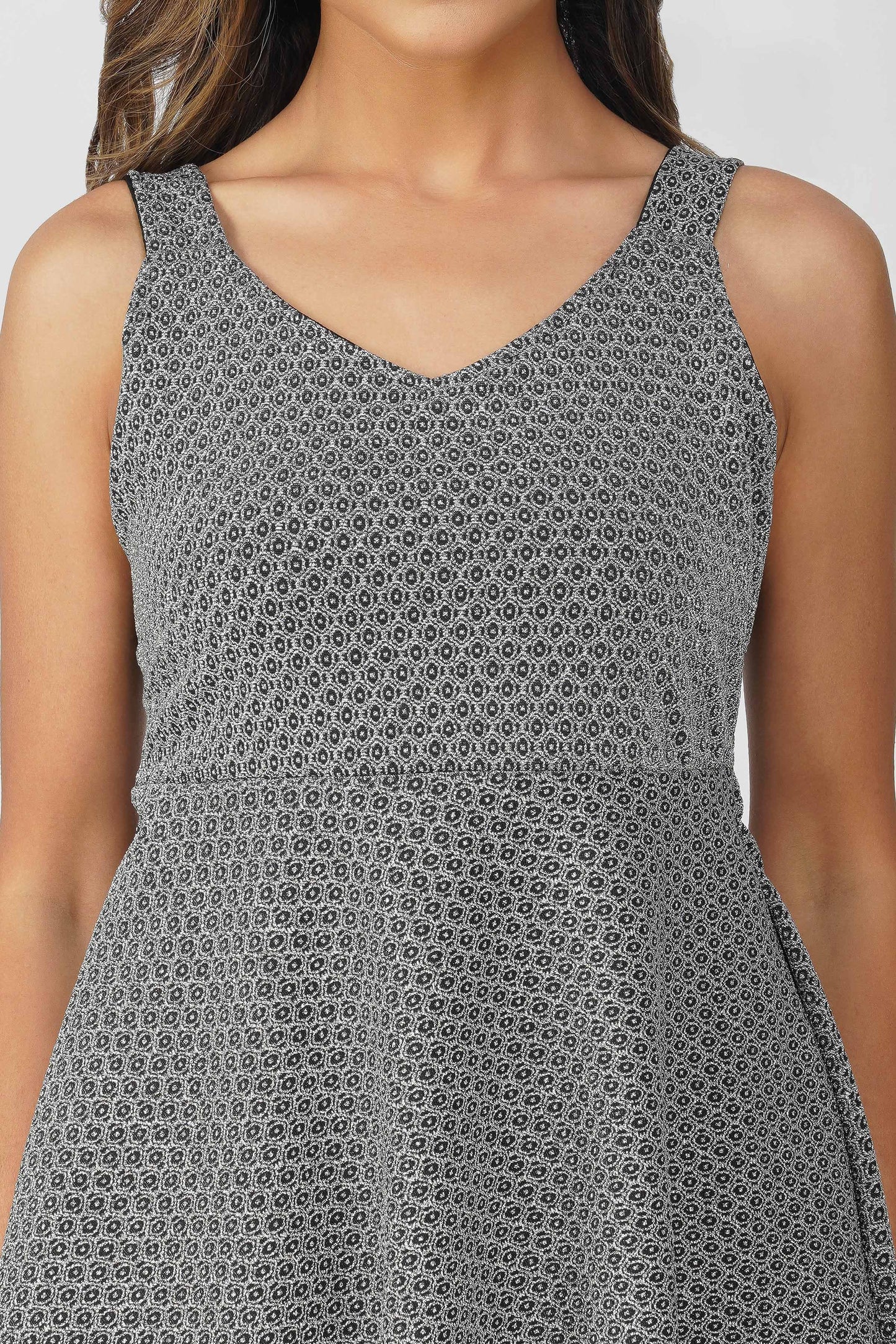 Midnight Orbit Peplum Top – Black Silver Circle Jacquard Party Blouse