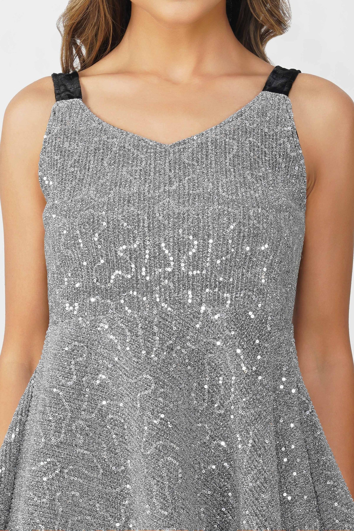 Moonlit Mirage Sequinned Metallic Peplum Top – Silver with Black Velvet Straps