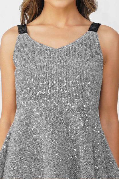 Moonlit Mirage Sequinned Metallic Peplum Top – Silver with Black Velvet Straps