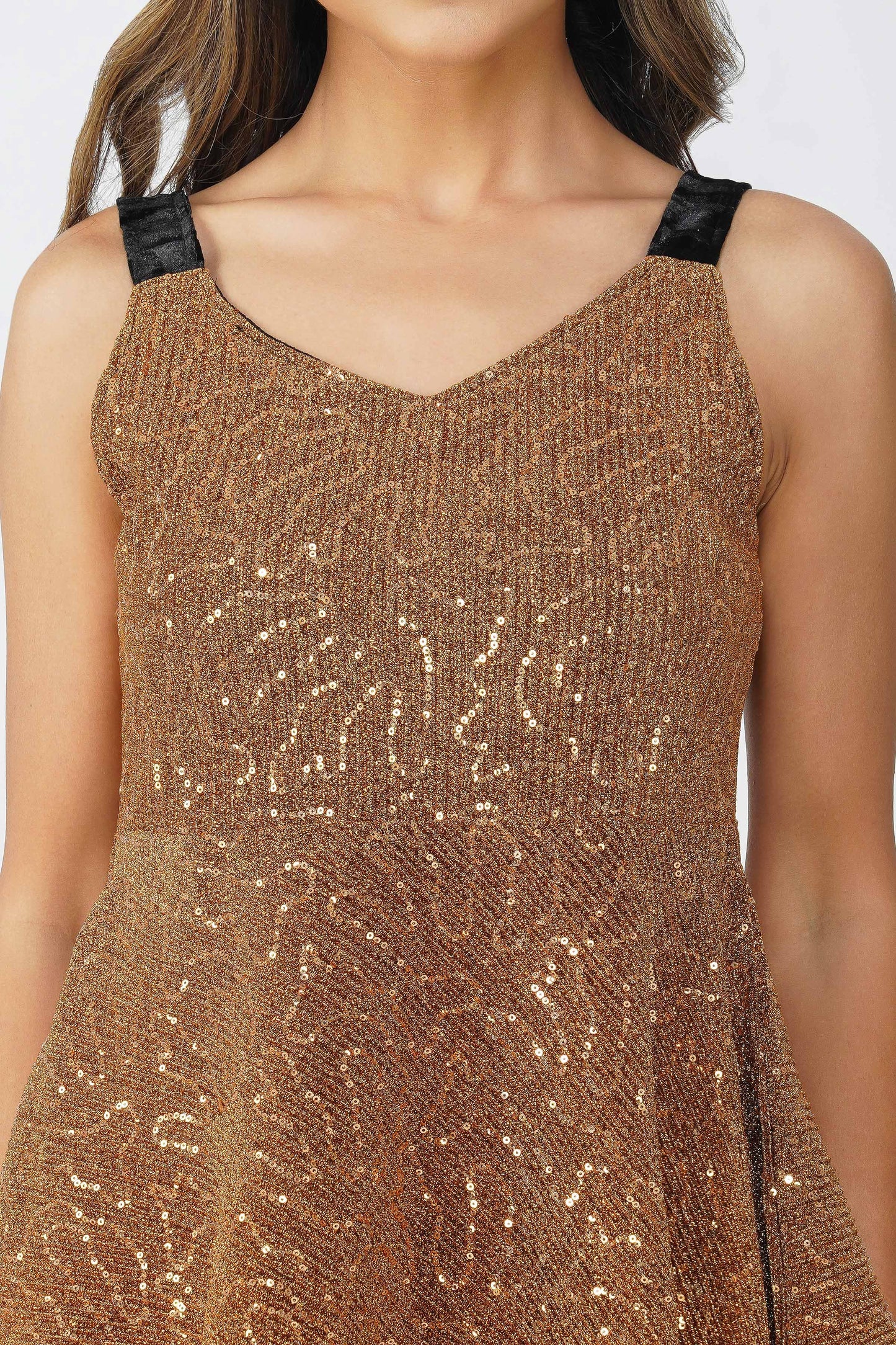 Golden Hour Sequin Pleated Peplum Top – Gold with Black Velvet Straps