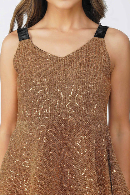 Golden Hour Sequin Pleated Peplum Top – Gold with Black Velvet Straps