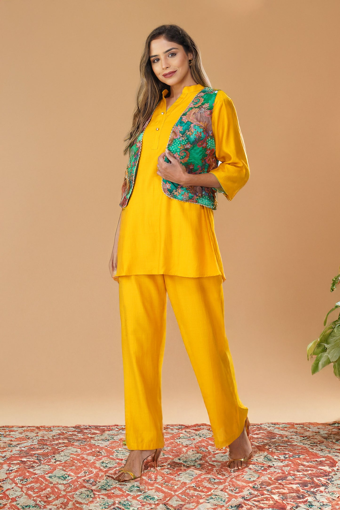 Banarasi Ethnic Jacket in Green with Gold Lace