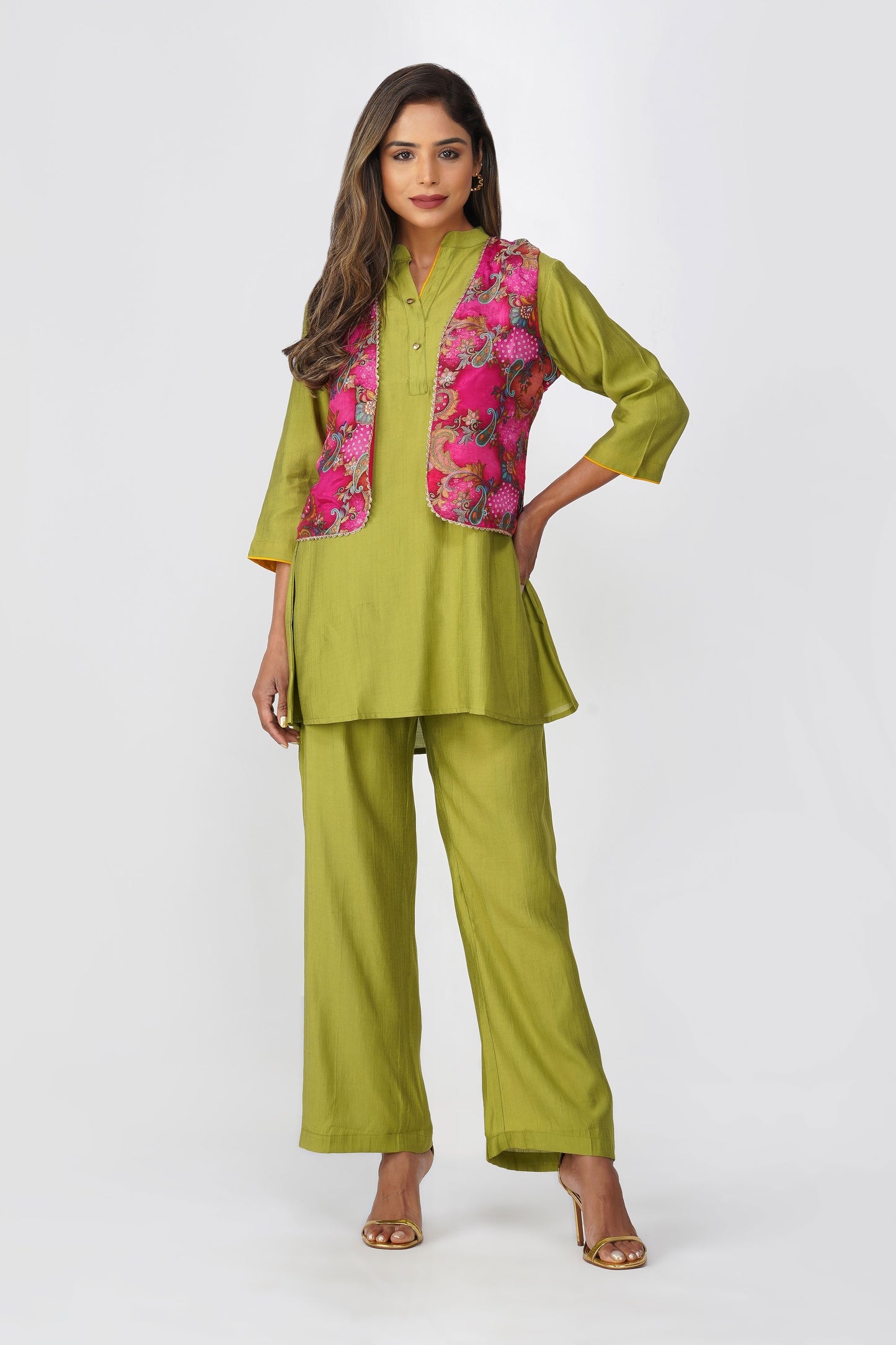 Banarasi Ethnic Jacket in Rani Pink with Gold Lace