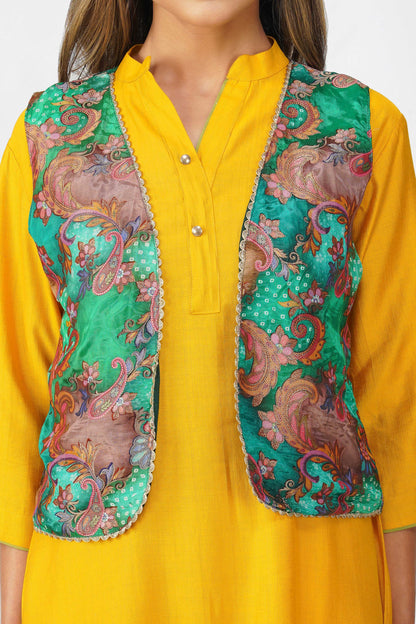Banarasi Ethnic Jacket in Green with Gold Lace