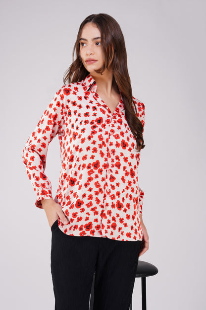 Poppy Red Floral Satin Shirt with Handwork