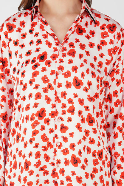 Poppy Red Floral Satin Shirt with Handwork