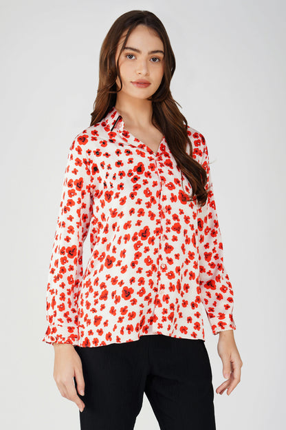 Poppy Red Floral Satin Shirt with Handwork