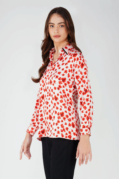 Poppy Red Floral Satin Shirt with Handwork