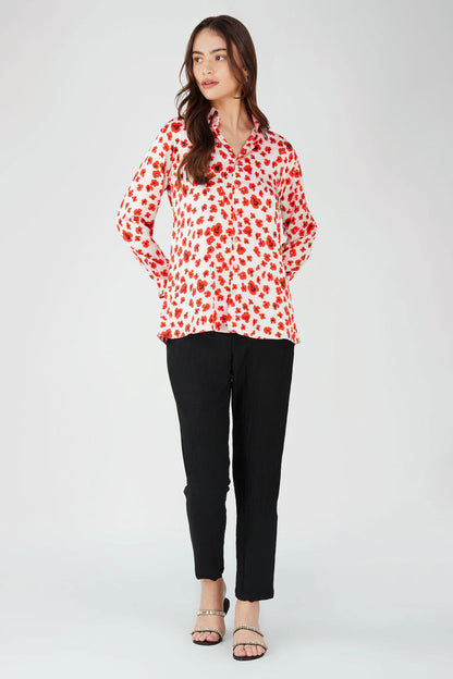 Poppy Red Floral Satin Shirt with Handwork