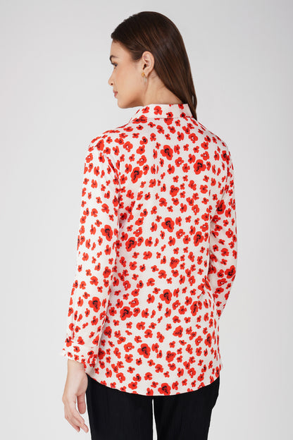 Poppy Red Floral Satin Shirt with Handwork