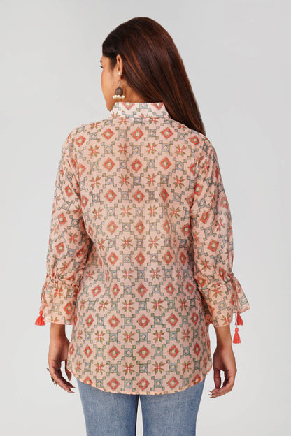 Baawri Pink Chanderi Printed Shirt with Handmade Tassel Detail | Bindigasm