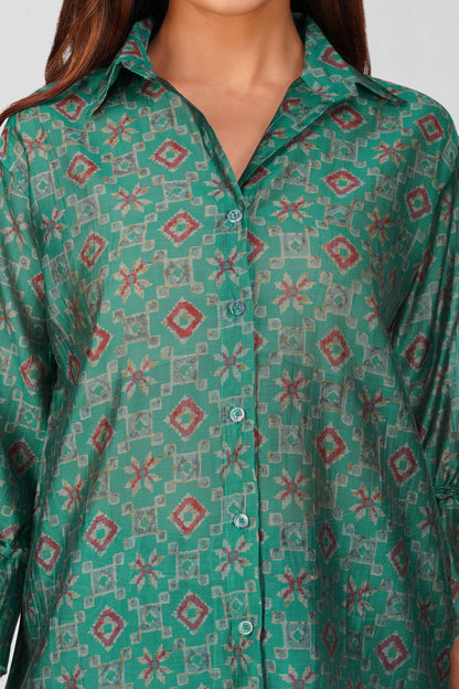 Baawri Rama Green Chanderi Printed Shirt with Handmade Tassel Detail | Bindigasm