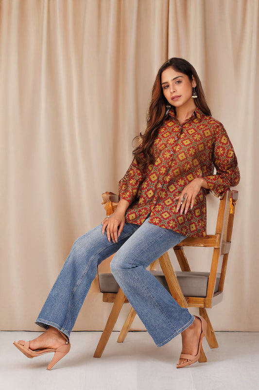 Baawri Maroon Chanderi Printed Shirt with Handmade Tassel Detail | Bindigasm