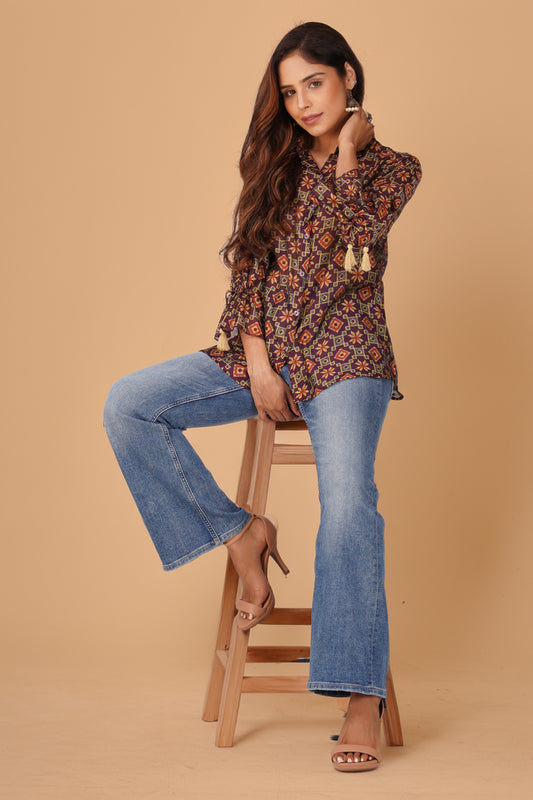 Baawri Purple Chanderi Printed Shirt with Handmade Tassel Detail | Bindigasm