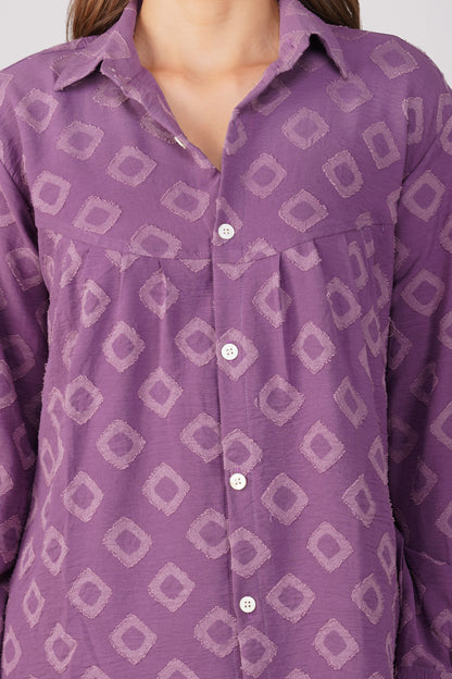 Purple Jacquard Shirt Lets Go Co-ord Set – Gathered Yoke Shirt with Relaxed Pants