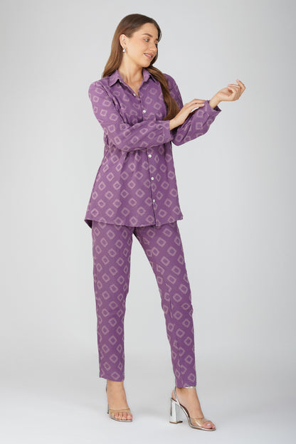 Purple Jacquard Shirt Lets Go Co-ord Set – Gathered Yoke Shirt with Relaxed Pants
