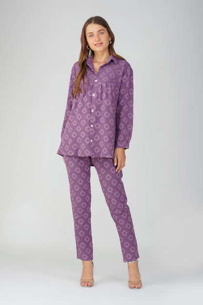 Purple Jacquard Shirt Lets Go Co-ord Set – Gathered Yoke Shirt with Relaxed Pants