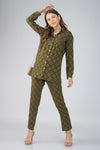 Military Green Jacquard Let's Go Shirt Co-ord Set – Gathered Yoke Shirt with Relaxed Pants