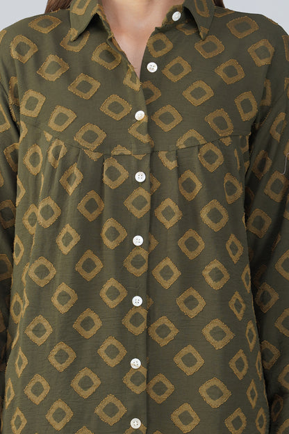 Military Green Jacquard Let's Go Shirt Co-ord Set – Gathered Yoke Shirt with Relaxed Pants