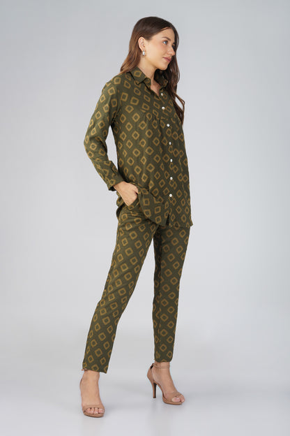 Military Green Jacquard Let's Go Shirt Co-ord Set – Gathered Yoke Shirt with Relaxed Pants