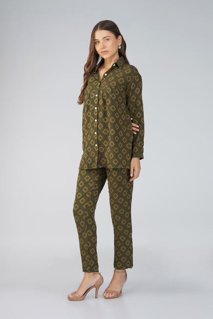 Military Green Jacquard Let's Go Shirt Co-ord Set – Gathered Yoke Shirt with Relaxed Pants