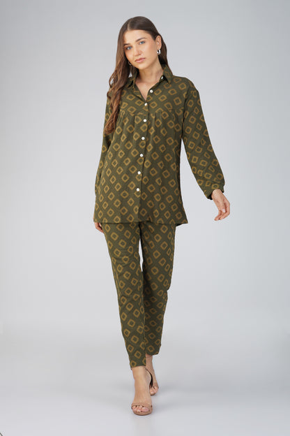 Military Green Jacquard Let's Go Shirt Co-ord Set – Gathered Yoke Shirt with Relaxed Pants