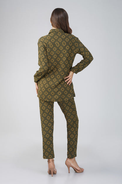 Military Green Jacquard Let's Go Shirt Co-ord Set – Gathered Yoke Shirt with Relaxed Pants