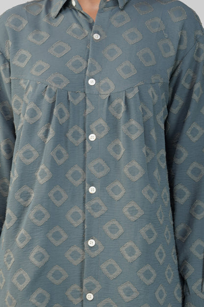 Grey Jacquard Shirt Lets Go Co-ord Set – Gathered Yoke Shirt with Relaxed Pants