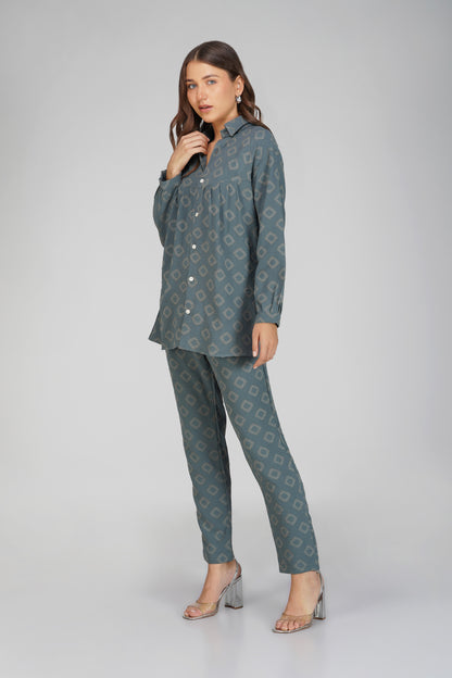 Grey Jacquard Shirt Lets Go Co-ord Set – Gathered Yoke Shirt with Relaxed Pants