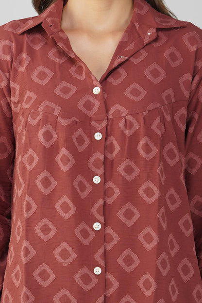 Brick Red Jacquard Shirt Lets Go Co-ord Set – Gathered Yoke Shirt with Relaxed Pants