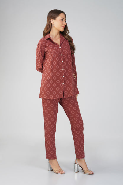 Brick Red Jacquard Shirt Lets Go Co-ord Set – Gathered Yoke Shirt with Relaxed Pants