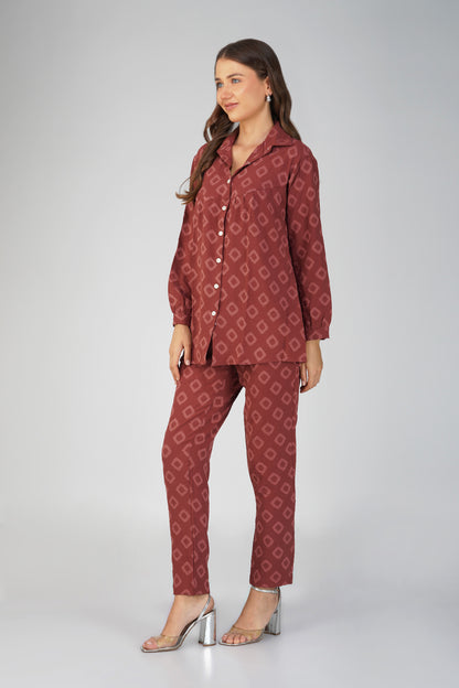 Brick Red Jacquard Shirt Lets Go Co-ord Set – Gathered Yoke Shirt with Relaxed Pants