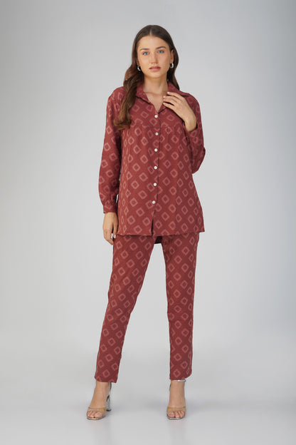 Brick Red Jacquard Shirt Lets Go Co-ord Set – Gathered Yoke Shirt with Relaxed Pants