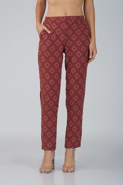 Brick Red Jacquard Shirt Lets Go Co-ord Set – Gathered Yoke Shirt with Relaxed Pants