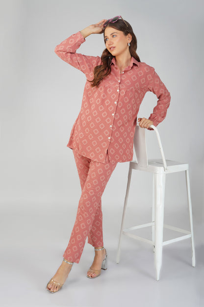Peach Jacquard Shirt Lets Go Co-ord Set – Gathered Yoke Shirt with Relaxed Pants