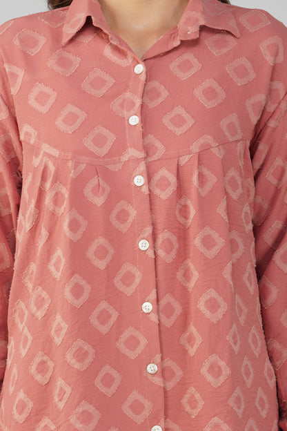 Peach Jacquard Shirt Lets Go Co-ord Set – Gathered Yoke Shirt with Relaxed Pants