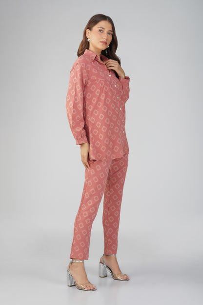Peach Jacquard Shirt Lets Go Co-ord Set – Gathered Yoke Shirt with Relaxed Pants