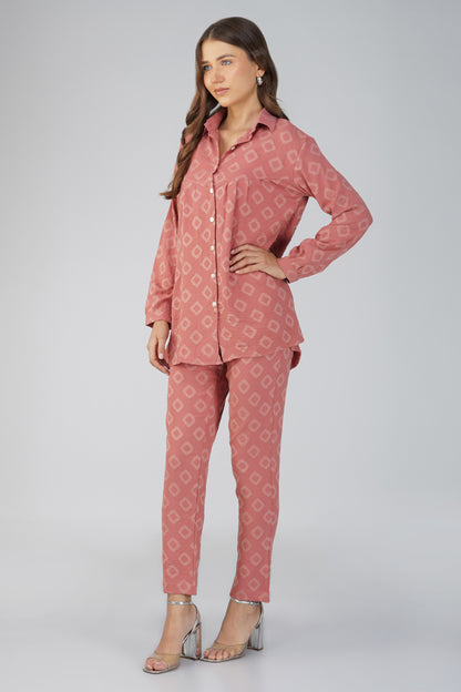 Peach Jacquard Shirt Lets Go Co-ord Set – Gathered Yoke Shirt with Relaxed Pants