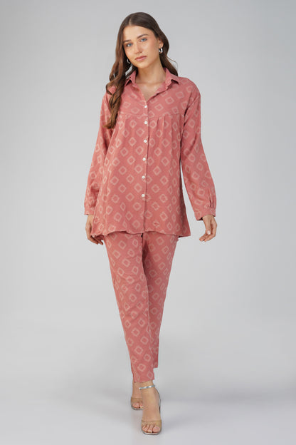 Peach Jacquard Shirt Lets Go Co-ord Set – Gathered Yoke Shirt with Relaxed Pants