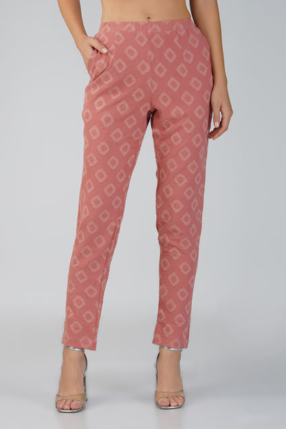 Peach Jacquard Shirt Lets Go Co-ord Set – Gathered Yoke Shirt with Relaxed Pants
