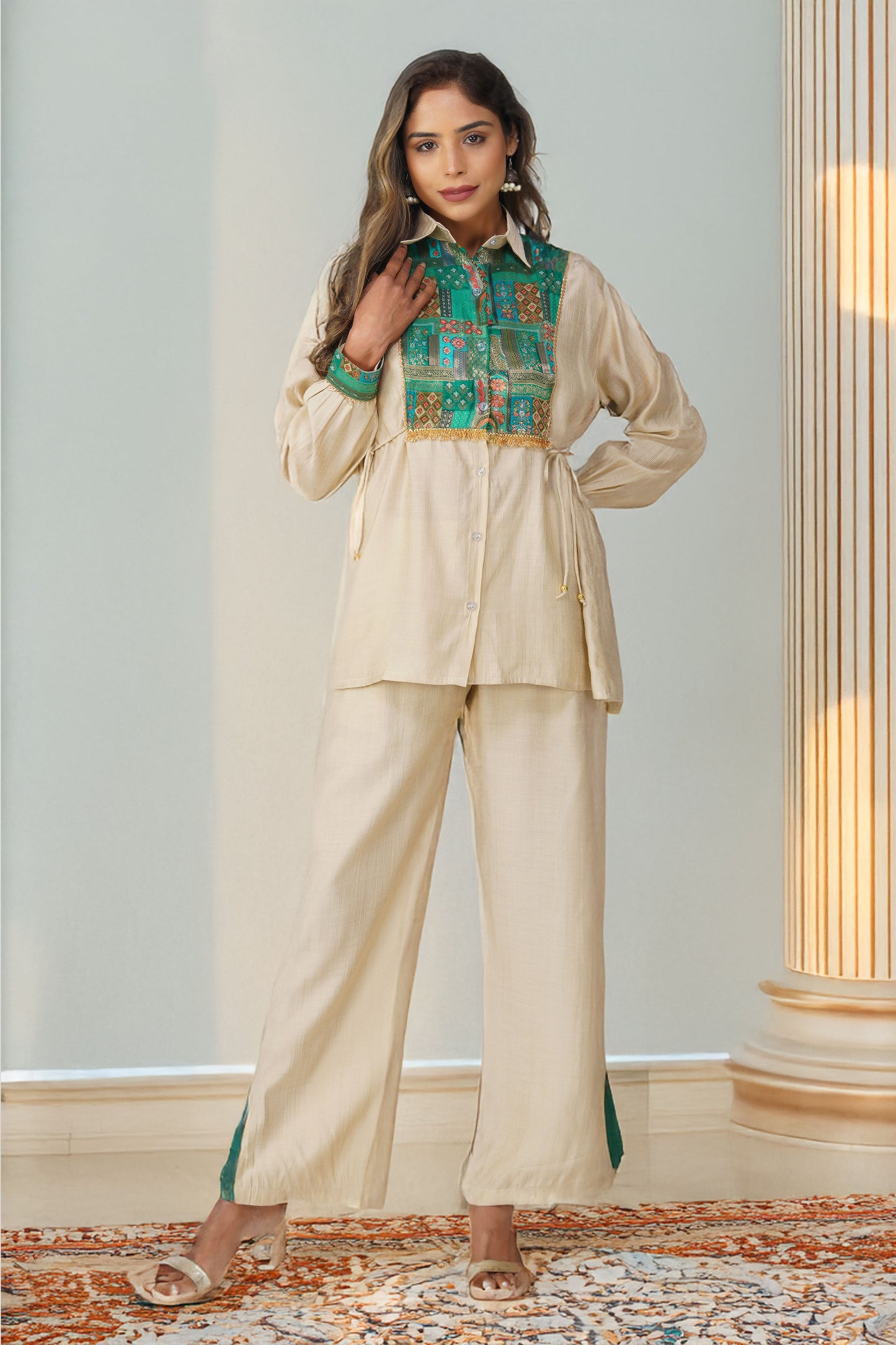 Almond Glow Banarasi Shirt Coord Set - Green