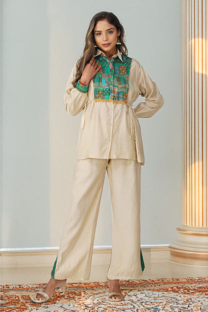 Almond Glow Banarasi Shirt Coord Set - Green