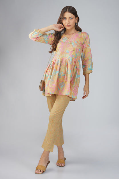 Sargam Beige Cotton Co-ord Set – Peplum Top with Wooden Buttons & Textured Pants