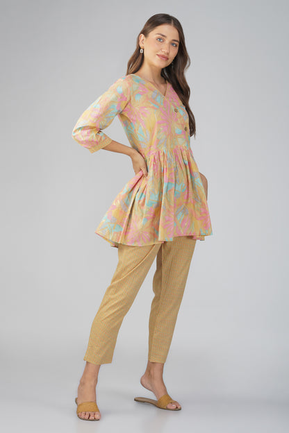 Sargam Beige Cotton Co-ord Set – Peplum Top with Wooden Buttons & Textured Pants