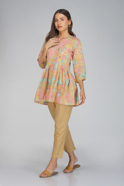 Sargam Beige Cotton Co-ord Set – Peplum Top with Wooden Buttons & Textured Pants