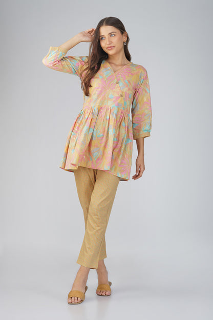 Sargam Beige Cotton Co-ord Set – Peplum Top with Wooden Buttons & Textured Pants