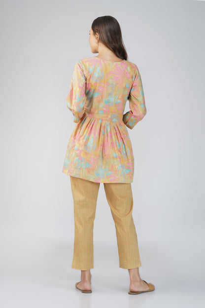 Sargam Beige Cotton Co-ord Set – Peplum Top with Wooden Buttons & Textured Pants