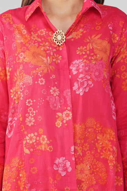Gul Pink Cotton Co-ord Set – Rose Print Kurta with Collar & Pocketed Pants