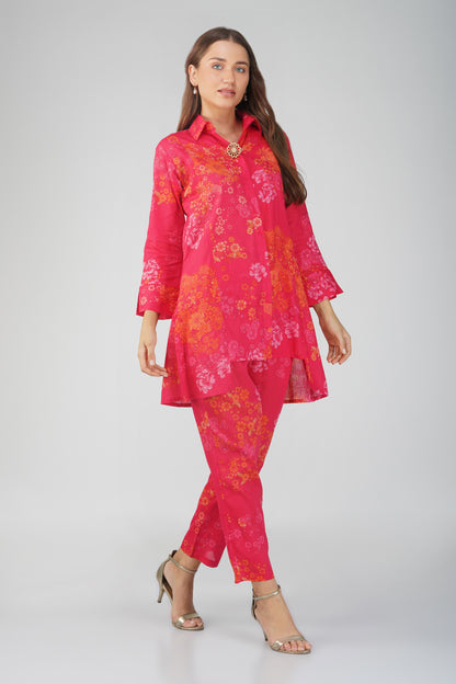 Gul Pink Cotton Co-ord Set – Rose Print Kurta with Collar & Pocketed Pants