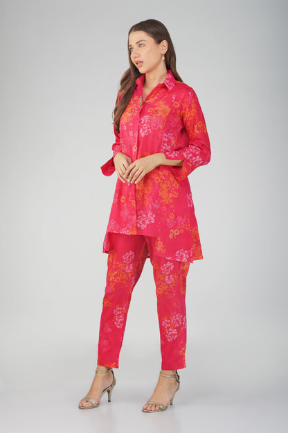 Gul Pink Cotton Co-ord Set – Rose Print Kurta with Collar & Pocketed Pants